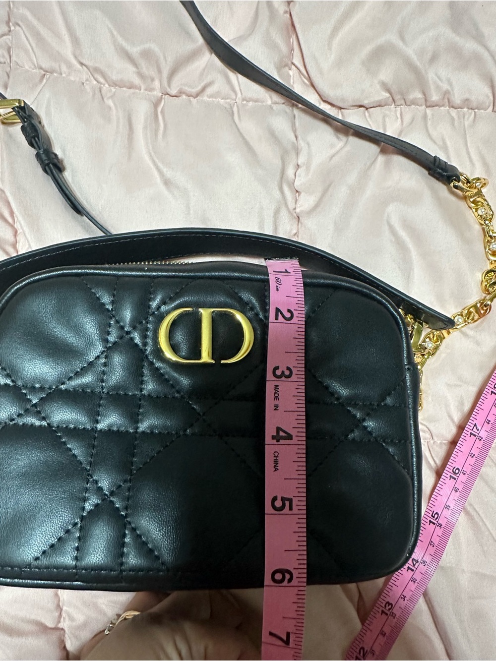 Black Quilted Womens Crossbody Bag with Gold CD Accent